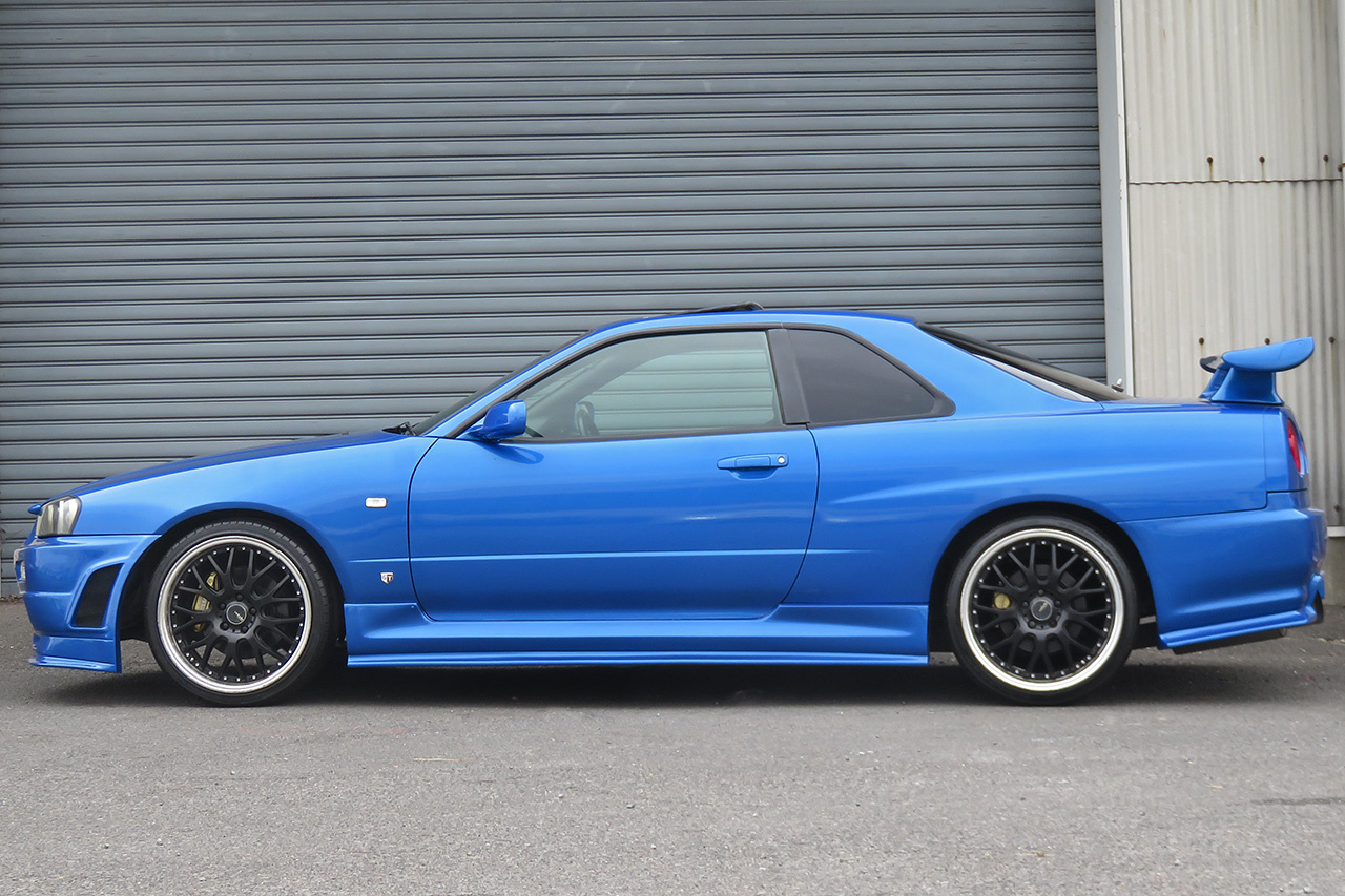 1999 Nissan SKYLINE COUPE R34 25GT Turbo GT-R Look Bayside Blue, Blitz Intercooler, Aftermarket 19 Inch Wheels