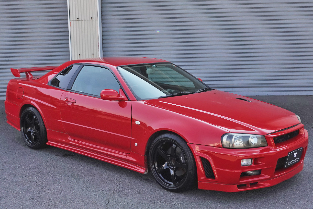 1998 Nissan SKYLINE COUPE ER34 25 GT TURBO ACTIVE RED AR2, GTR LOOK, Rays 18 Inch Wheels