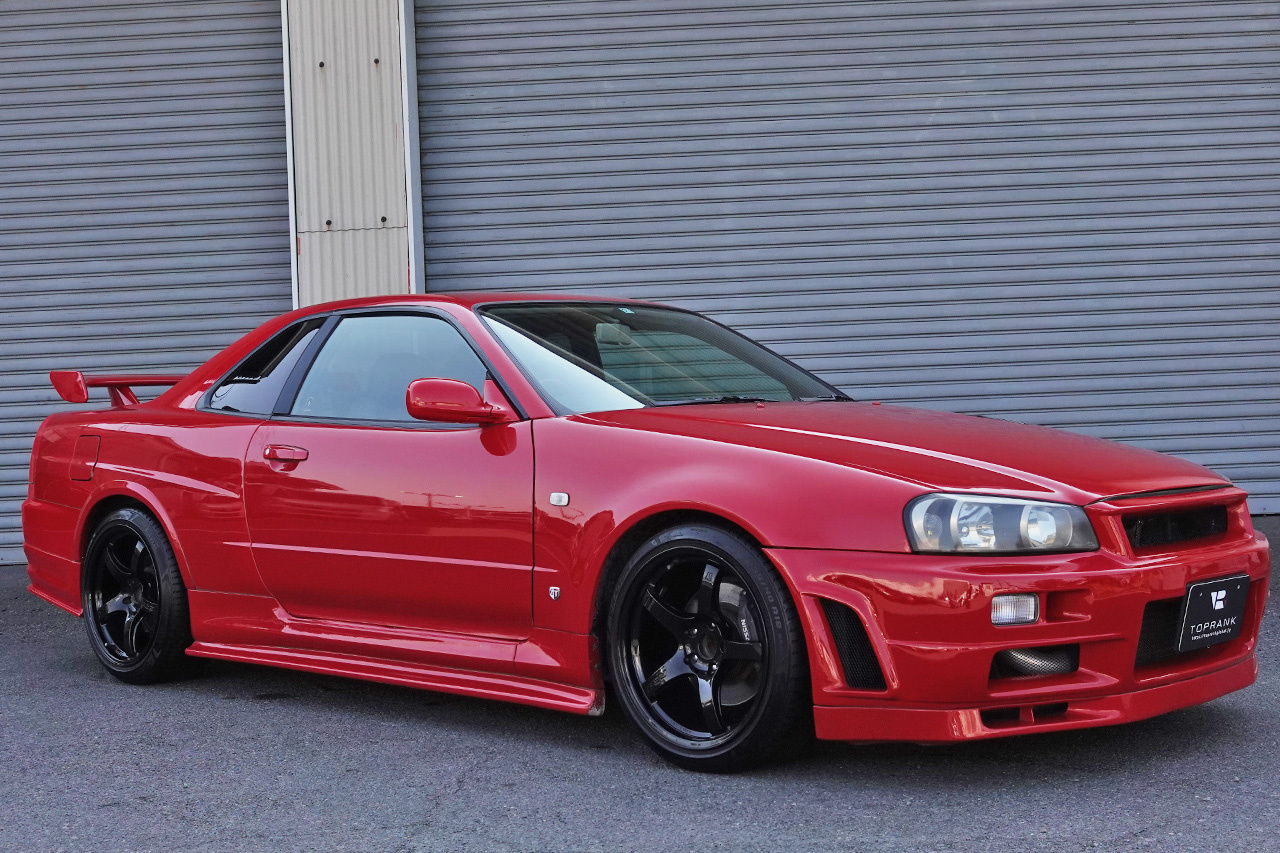 1998 Nissan SKYLINE COUPE ER34 25 GT TURBO ACTIVE RED AR2, GTR LOOK, Rays 18 Inch Wheels