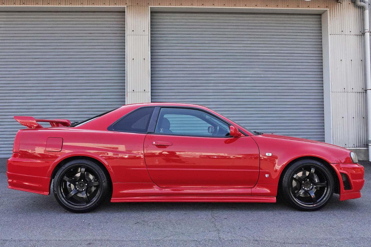 1998 Nissan SKYLINE COUPE ER34 25 GT TURBO ACTIVE RED AR2, GTR LOOK, Rays 18 Inch Wheels